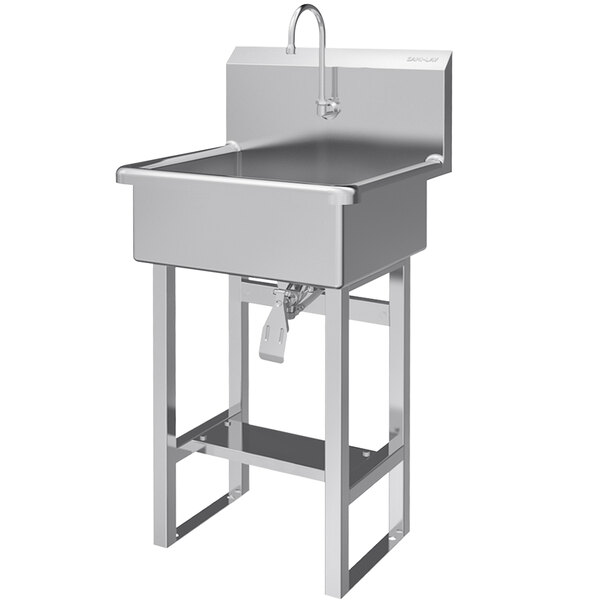 A stainless steel Sani-Lav floor mounted utility sink with a single knee-operated faucet.