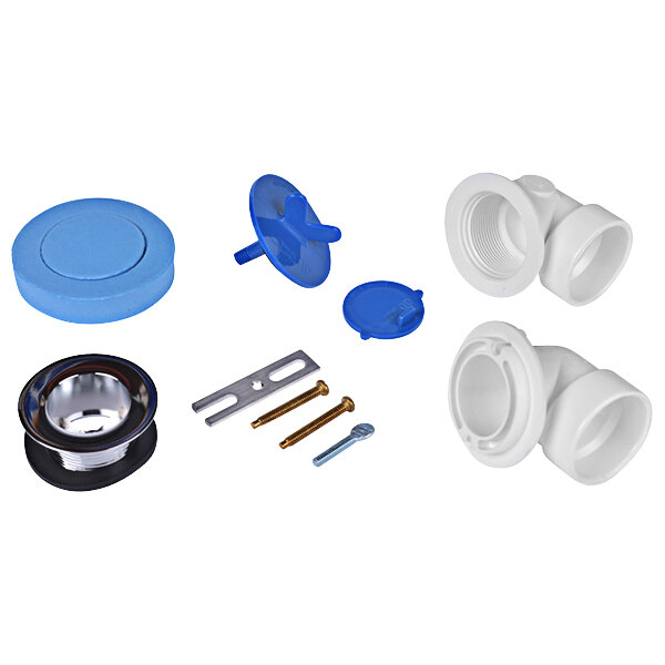 A group of blue and white plumbing parts including a white plastic pipe fitting with a hole.