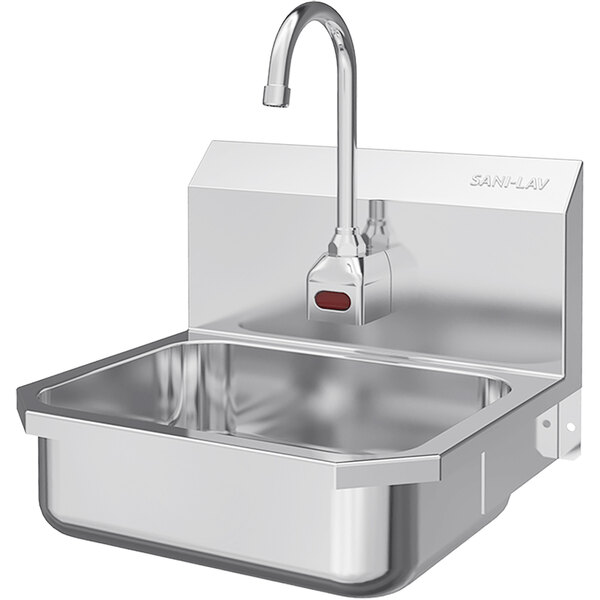 A Sani-Lav stainless steel wall-mounted sink with a faucet.