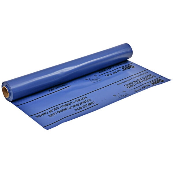 A blue plastic roll of Oatey PVC shower pan liner with blue writing on it.