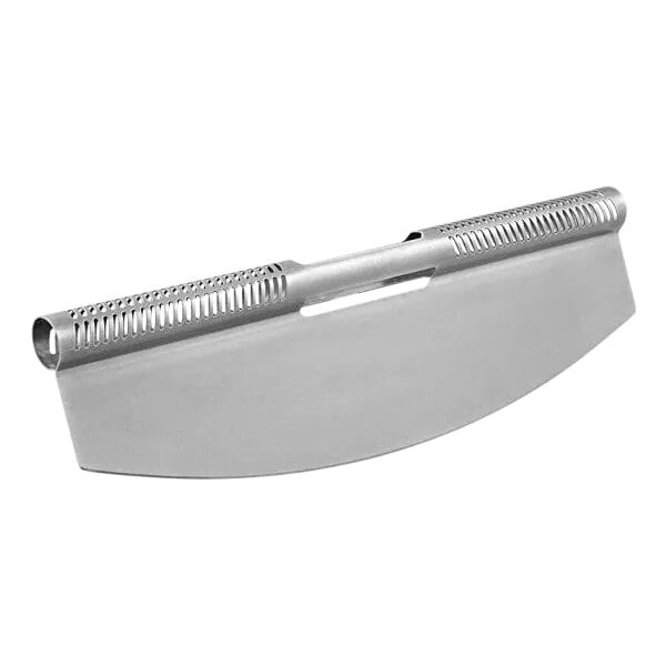 A close-up of a LloydPans stainless steel pizza rocker knife with vented handles.