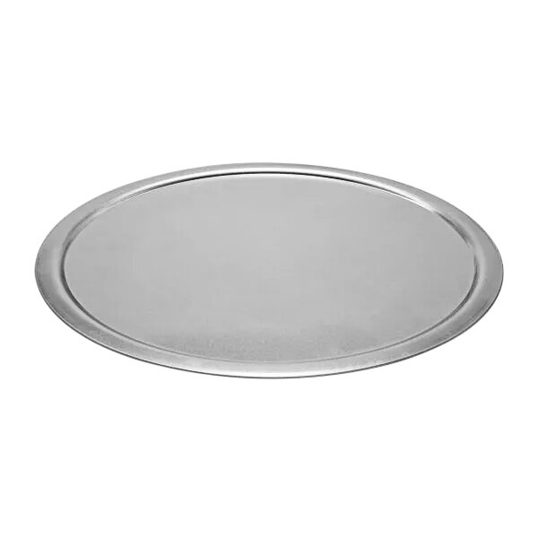 A silver LloydPans pizza pan separator lid on a silver plate.