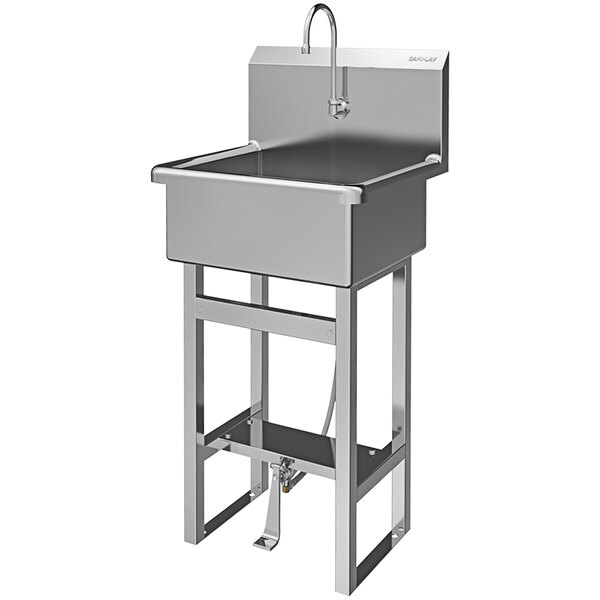 A Sani-Lav stainless steel floor-mounted utility sink with a foot-operated faucet.
