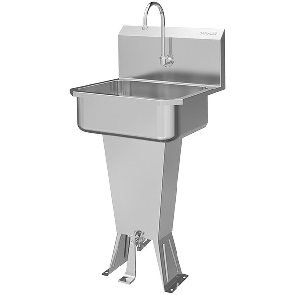 A stainless steel Sani-Lav utility sink with a foot-operated faucet.