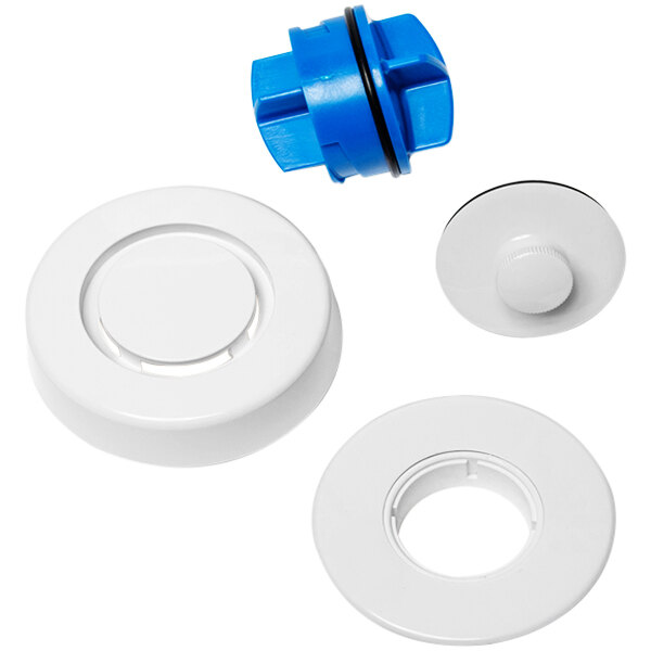 A white circular Dearborn trim kit with blue and white plastic pieces.
