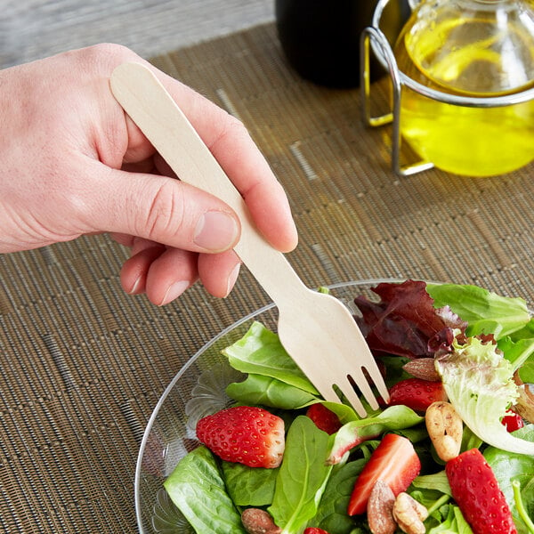 A person holding an Eco-gecko disposable wooden fork over a salad.