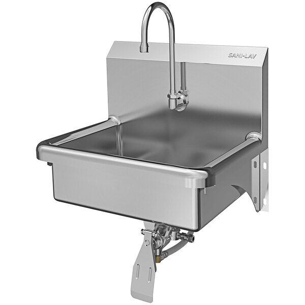 A Sani-Lav stainless steel wall mounted utility sink with a single knee-operated faucet.