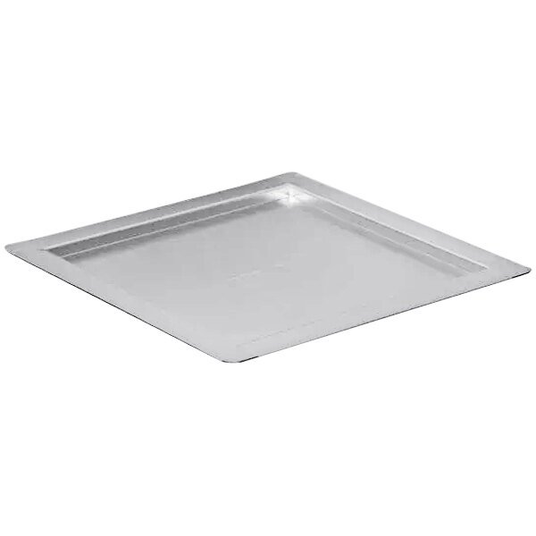 A silver square lid for a white LloydPans square tray.