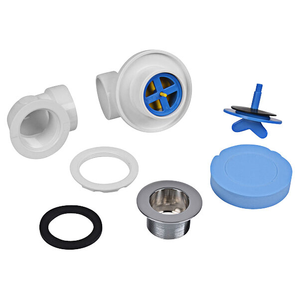 A white plastic Dearborn PVC rough-in kit with blue and silver plastic parts.
