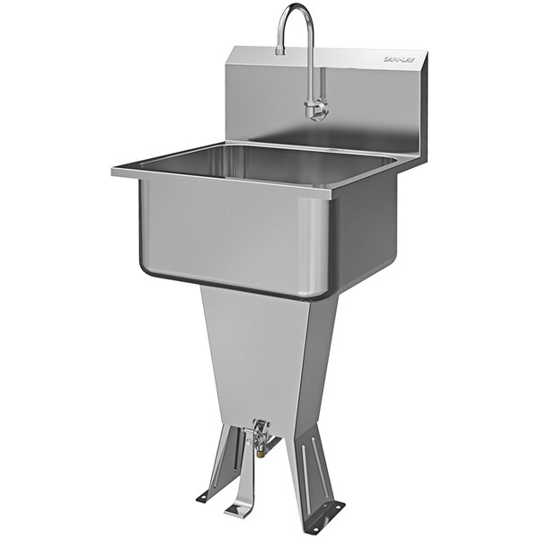 A Sani-Lav stainless steel floor mounted utility sink with a foot-operated faucet.