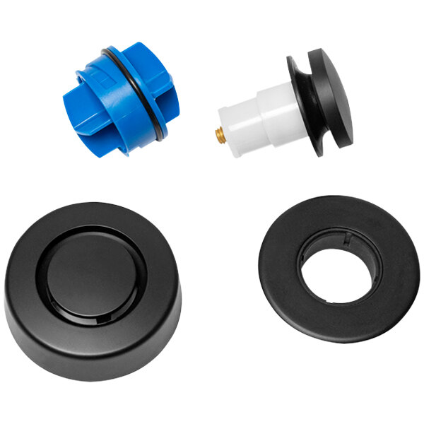 A group of black and blue Dearborn plastic parts with a black and matte black circular object.