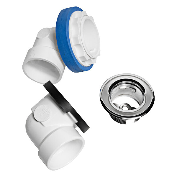 A white and blue plastic Dearborn bath waste rough-in kit with blue fittings.