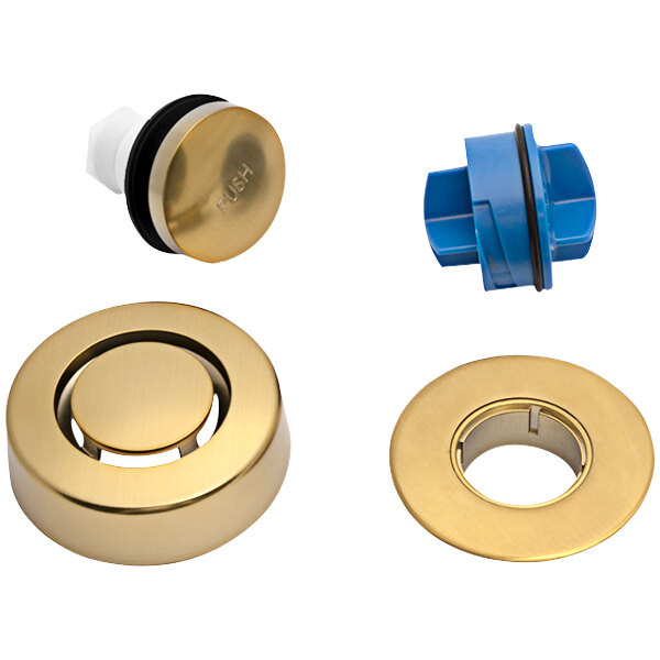 A gold circular Dearborn trim kit with a blue and gold touch toe stopper.