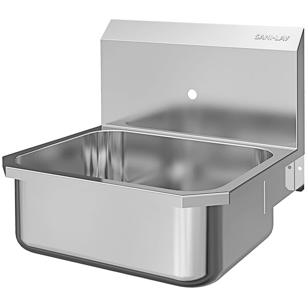A Sani-Lav stainless steel wall mounted hand sink with a single faucet hole.