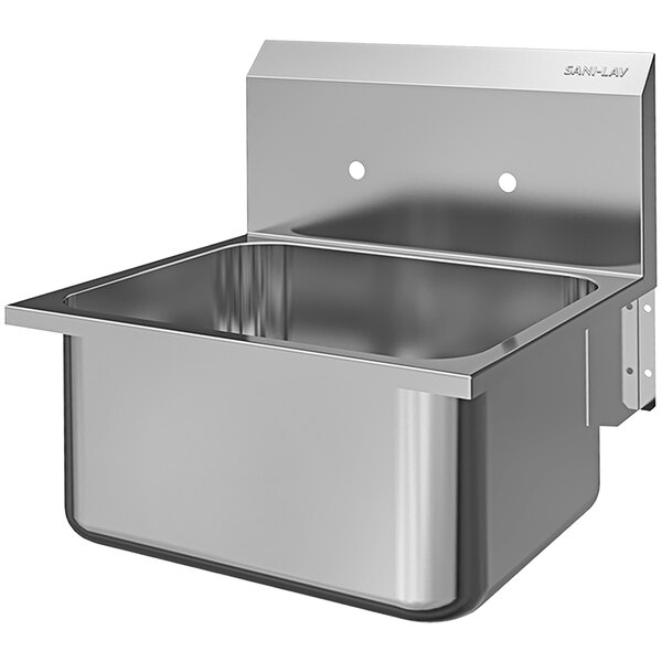 A Sani-Lav stainless steel wall mounted hand sink with a wall mounted faucet.
