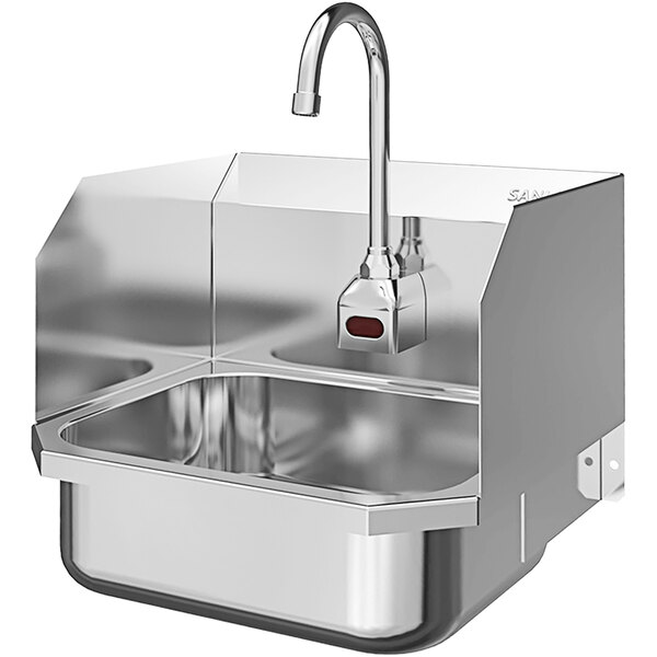 A Sani-Lav stainless steel wall-mounted utility sink with a battery-powered sensor faucet.
