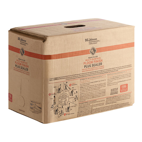 A cardboard box with an orange label for SC Johnson Professional Multi-Surface Floor Finish / Sealer.