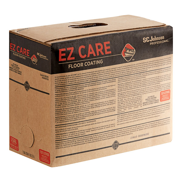 A brown box of SC Johnson Professional EZ Care floor coating on a table.