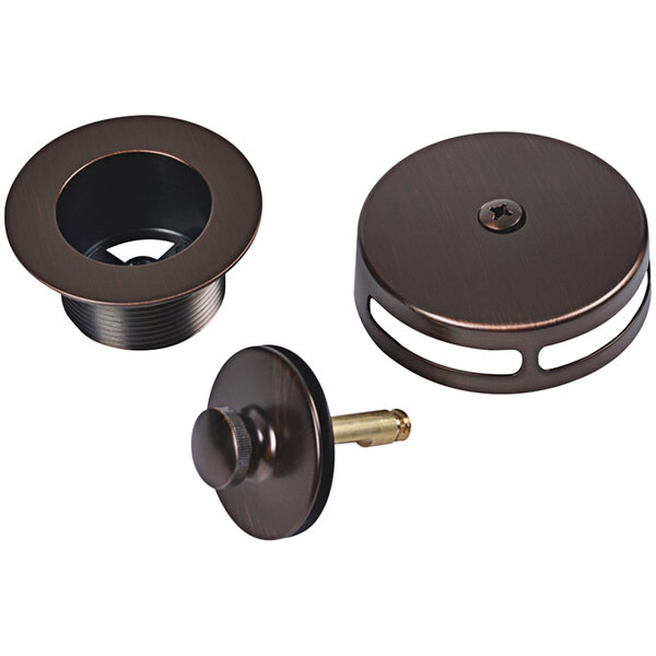 A close-up of a round metal Dearborn trim kit with an oil-rubbed bronze stopper.