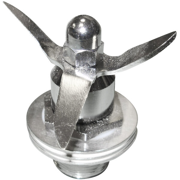 A close-up of a silver metal propeller.