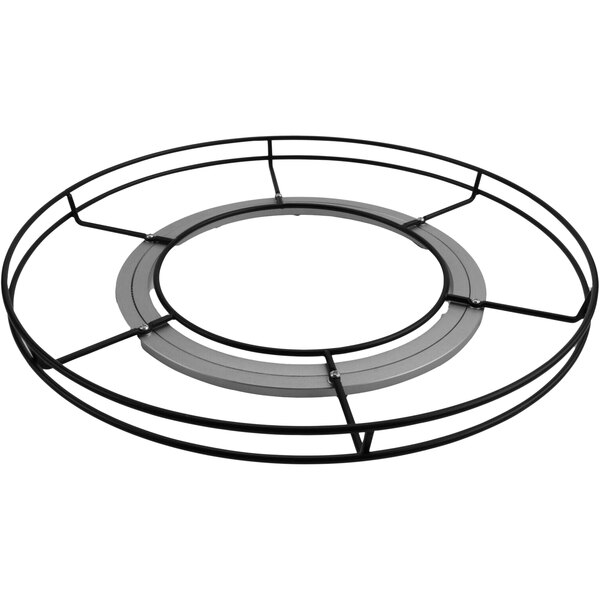 A circular black metal wire lazy susan base.