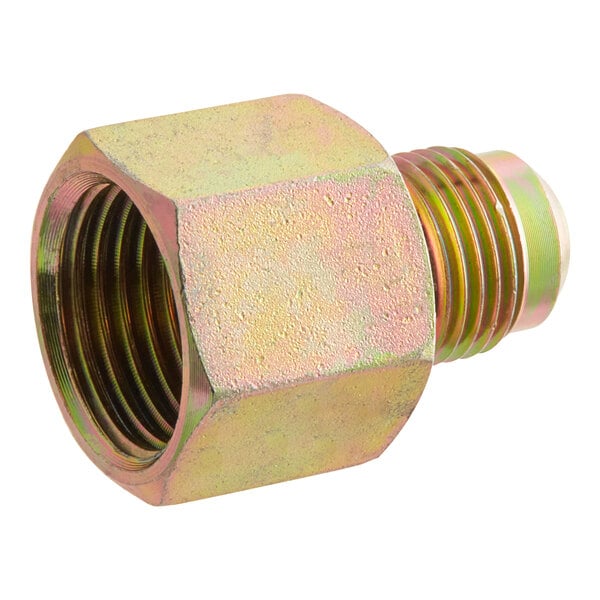 A close-up of a threaded metal nut.