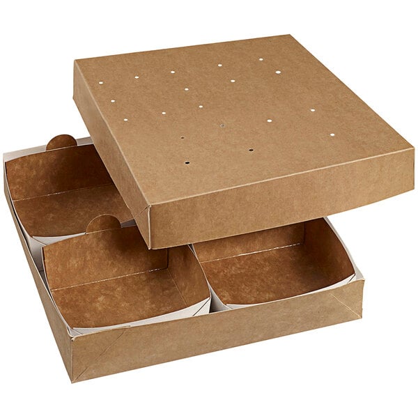 A Solia Modulo brown cardboard bento box open with 4 punnets inside.