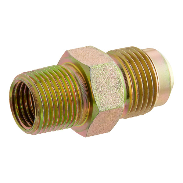 A close-up of a threaded male connector on a metal pipe.