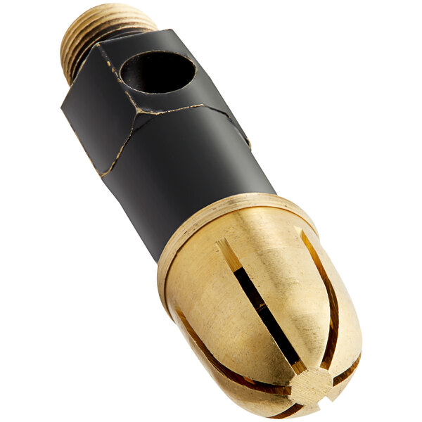 A close up of a brass and gold Eagle Group jet burner nozzle with a black cap.