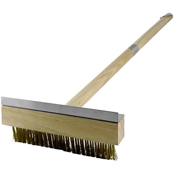 A wooden brush with a wooden stick and metal bristles with a silver band.