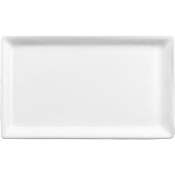 A white rectangular aluminum serving platter with a small rim.
