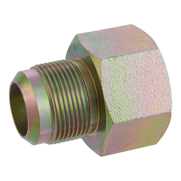 A close-up of a zinc-plated steel gas valve nut with a threaded connection.