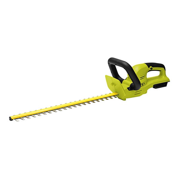 A yellow and black Sun Joe cordless hedge trimmer.