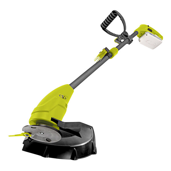 A green and yellow Sun Joe cordless string trimmer.