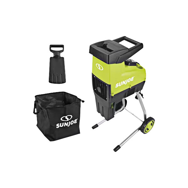 A green and black Sun Joe electric wood chipper and shredder with a black collection bag with white text.
