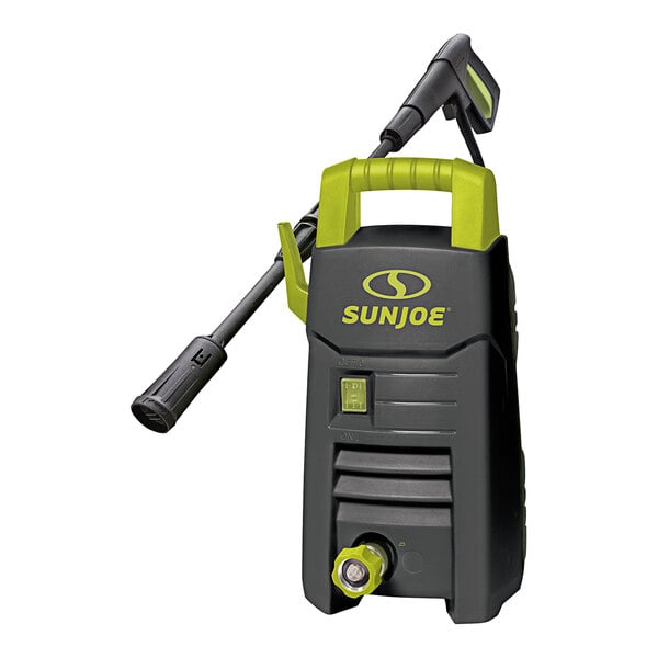 A black and green Sun Joe pressure washer with accessories.