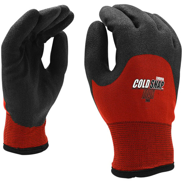 A pair of Cordova red and black thermal gloves with black foam PVC palm coating.
