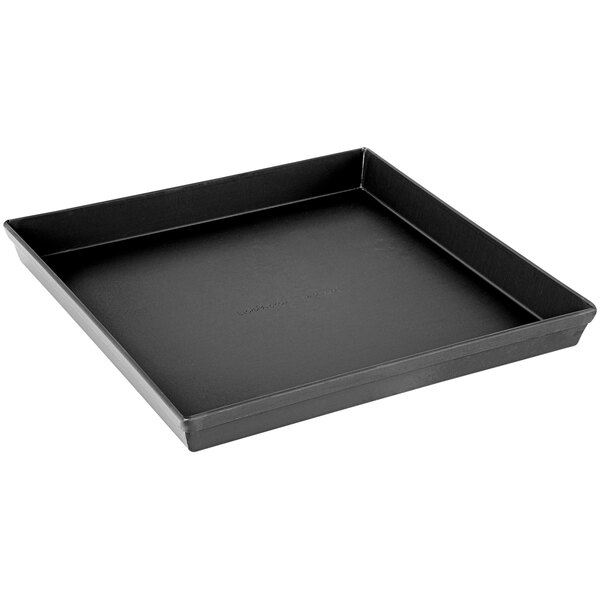 A black hard coat anodized aluminum square pizza pan with a white background.