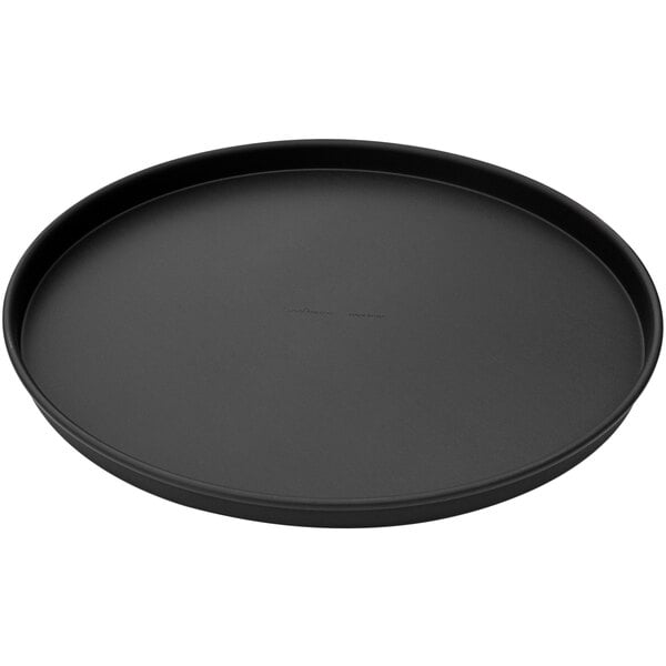 A black round LloydPans pizza pan with straight sides.