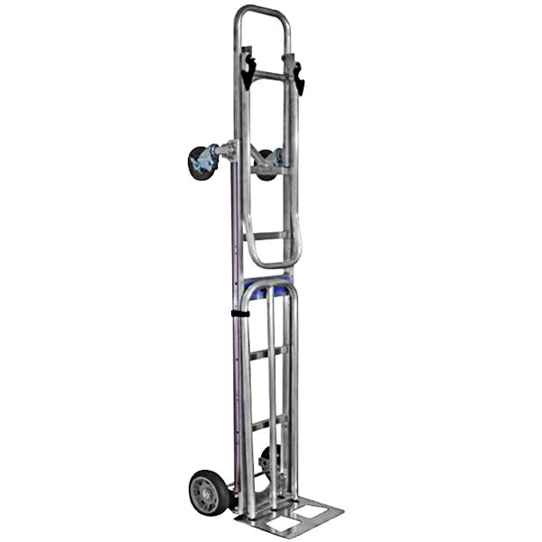 A silver metal B&P Manufacturing folding hand truck with wheels and a handle.