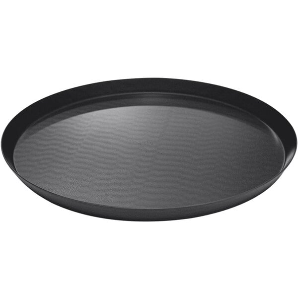 A black round LloydPans pizza pan with a textured surface.