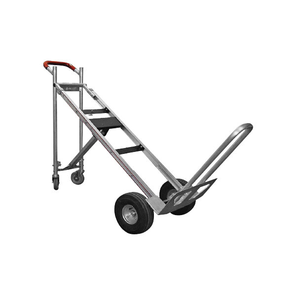 A silver B&amp;P Manufacturing Liberator 3-way hand truck with black wheels.
