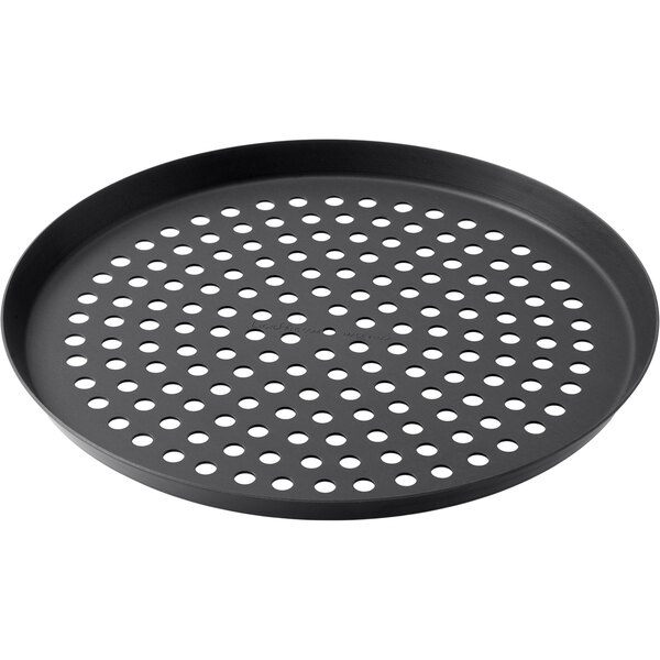 A black LloydPans round pizza pan with holes in it.