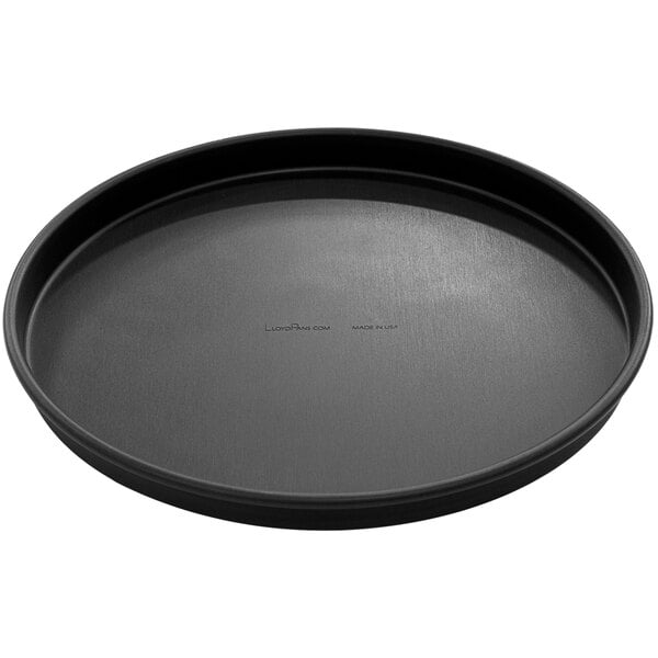 A black round LloydPans pizza pan with a black rim.