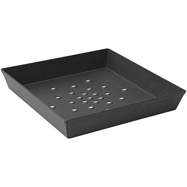 A black square LloydPans pizza pan with holes in it.