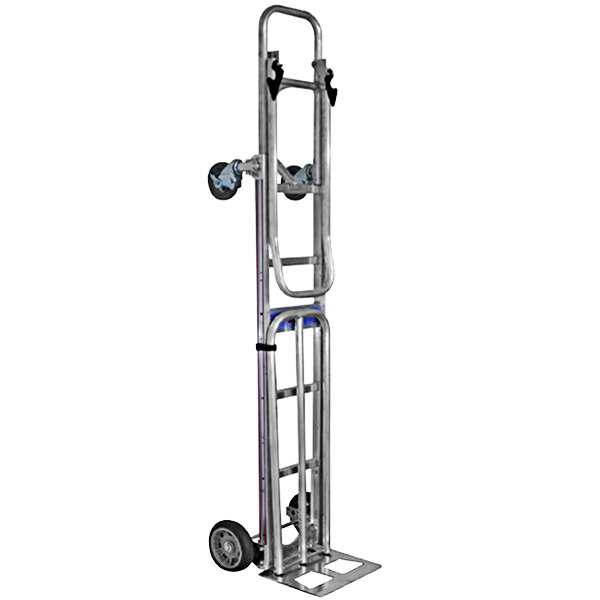A silver metal B&P Manufacturing hand truck with wheels and a handle.