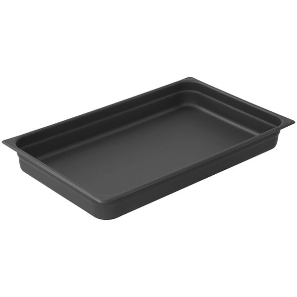 A black rectangular LloydPans aluminum steam table pan with a lid.