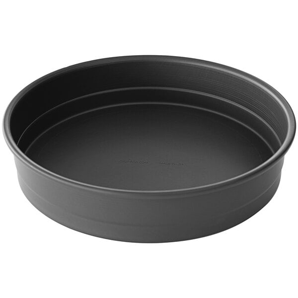 A black stackable deep dish pizza pan with straight sides.