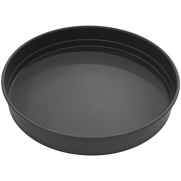 A black LloydPans stackable deep dish pizza pan with a white background.