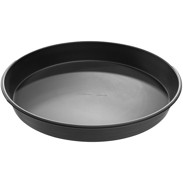 A black LloydPans deep dish pizza pan with a white background.